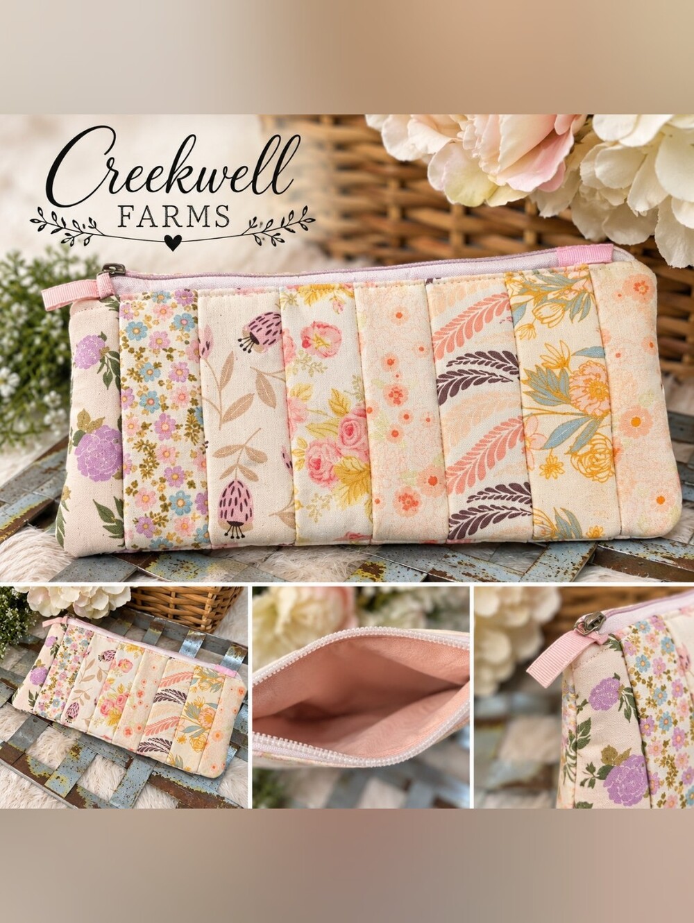 Pastel Floral Patchwork Cosmetic Pouch - Pink